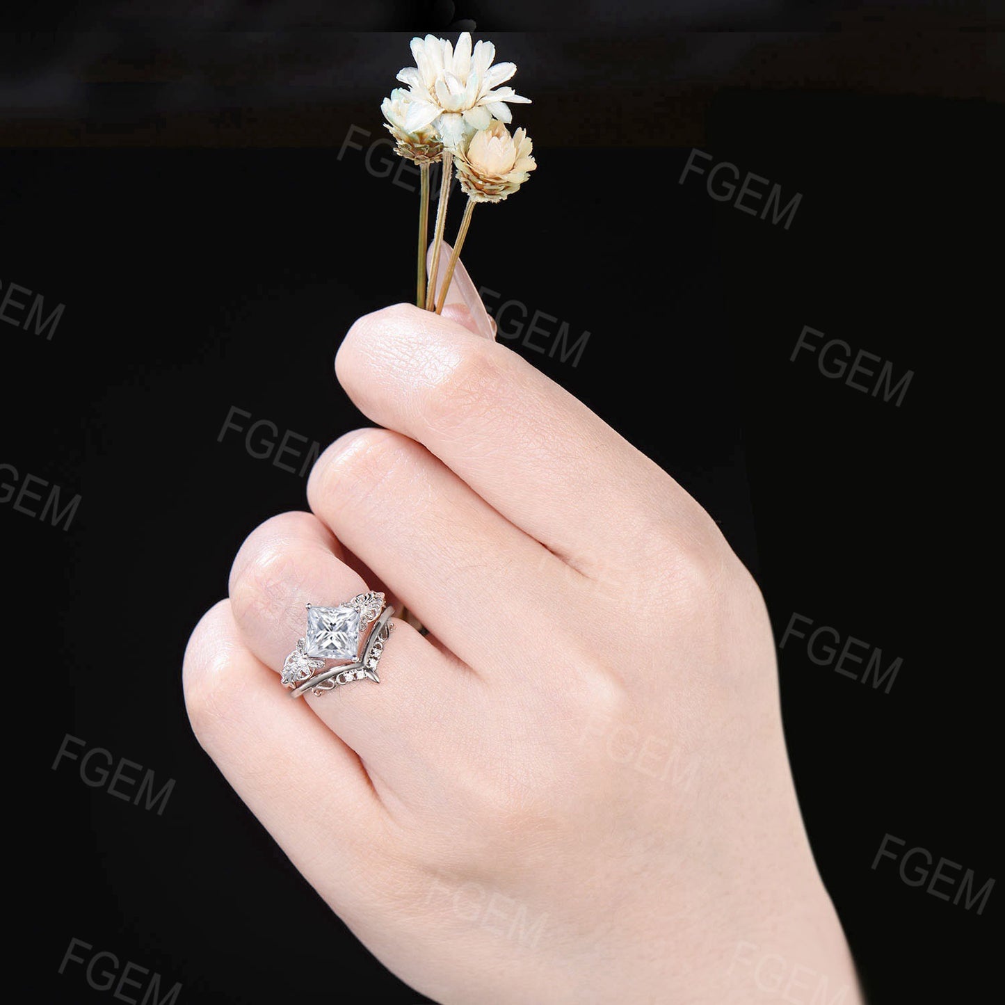 Butterfly Engagement Ring Set 2ct Princess Moissanite Ring Infinity Love Wedding Ring Vintage Filigree Bridal Set Anniversary Gift