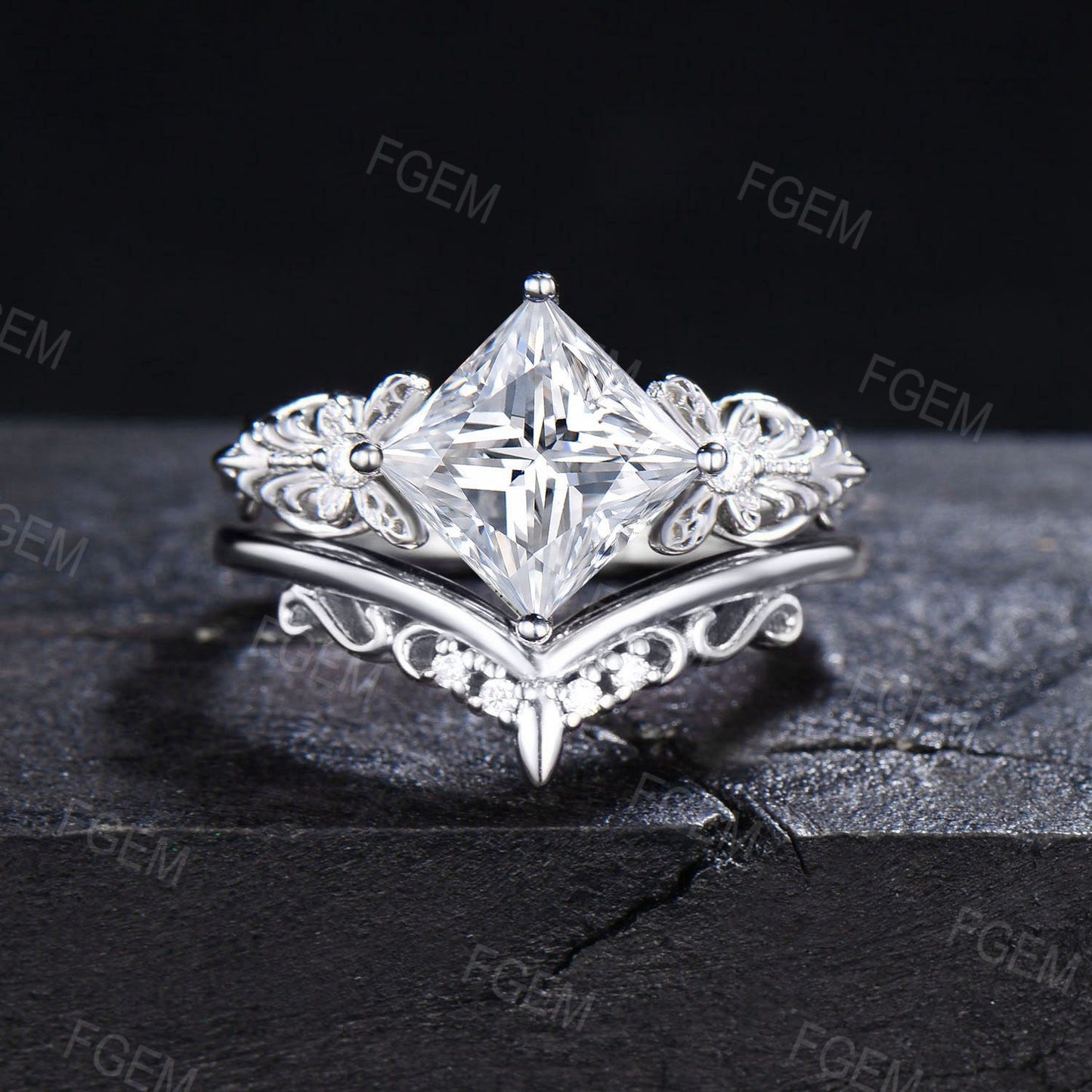 Butterfly Engagement Ring Set 2ct Princess Moissanite Ring Infinity Love Wedding Ring Vintage Filigree Bridal Set Anniversary Gift
