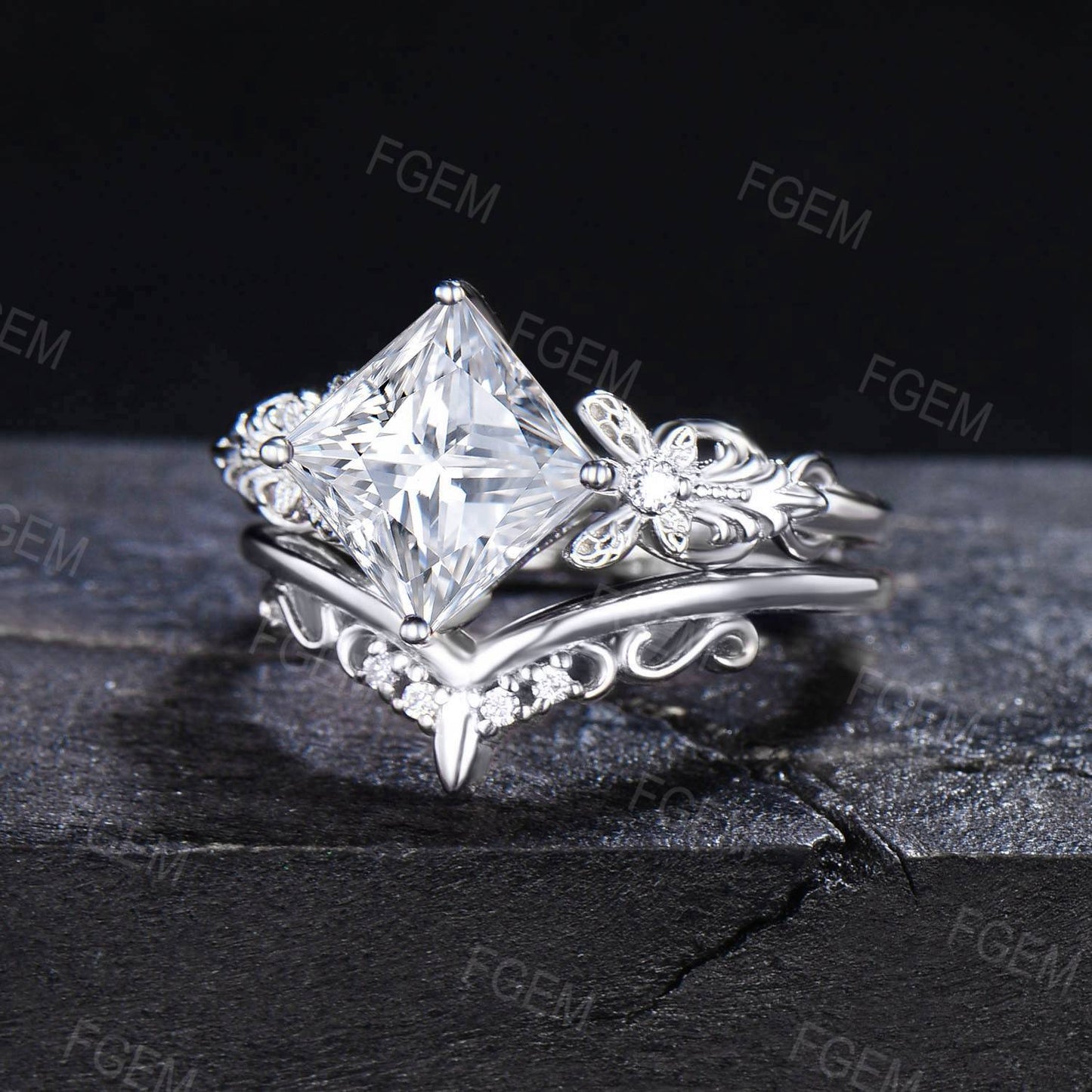 Butterfly Engagement Ring Set 2ct Princess Moissanite Ring Infinity Love Wedding Ring Vintage Filigree Bridal Set Anniversary Gift