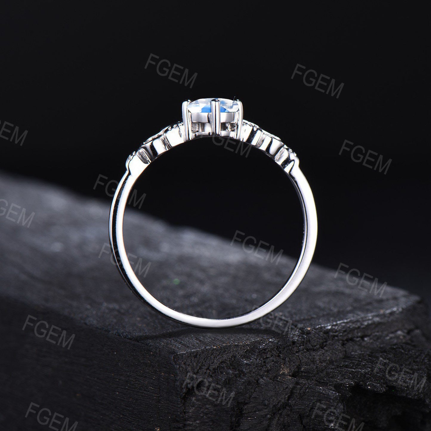 Vintage Pattern 5mm Round Cut Natural Moonstone Wedding Ring 10K White Gold Nature Inspired Leaf Branch Design Blue Moonstone Solitaire Ring
