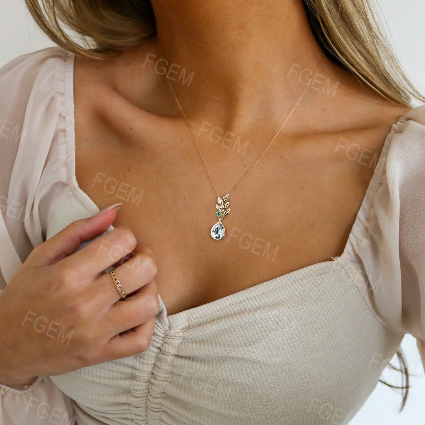 Dainty Olive Leaf Necklace 14k Yellow Gold Teardrop Moss Agate Pendant Nature Inspired Emerald Moss Chain Necklace Valentines Gift for Women