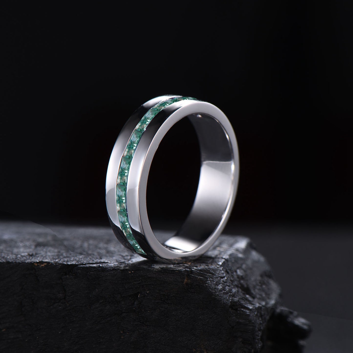 6mm Vintage Baguette Cut Moss Agate Wedding Band Mens Natural Aquatic Agate Wedding Ring 6mm Half Eternity Matching Anniversary Gift