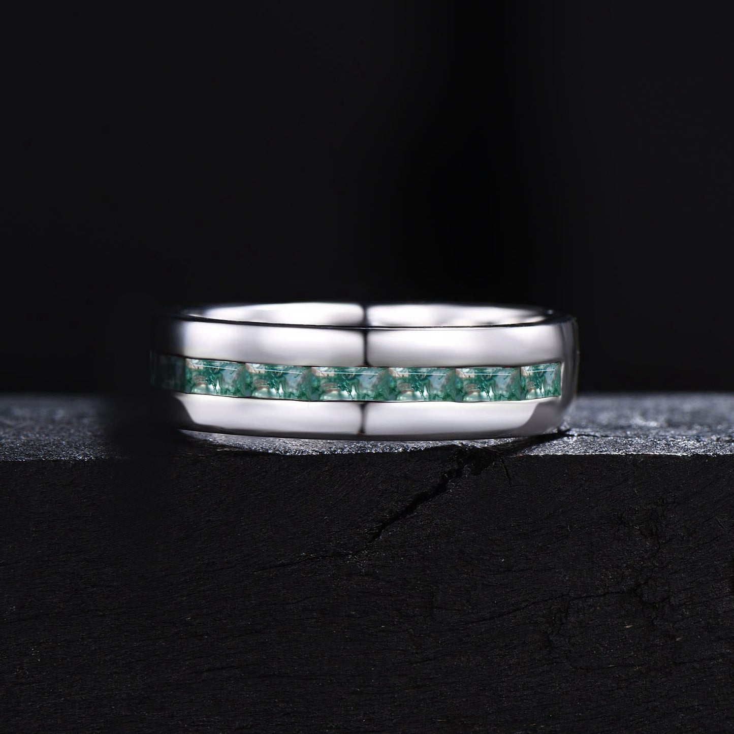 6mm Vintage Baguette Cut Moss Agate Wedding Band Mens Natural Aquatic Agate Wedding Ring 6mm Half Eternity Matching Anniversary Gift