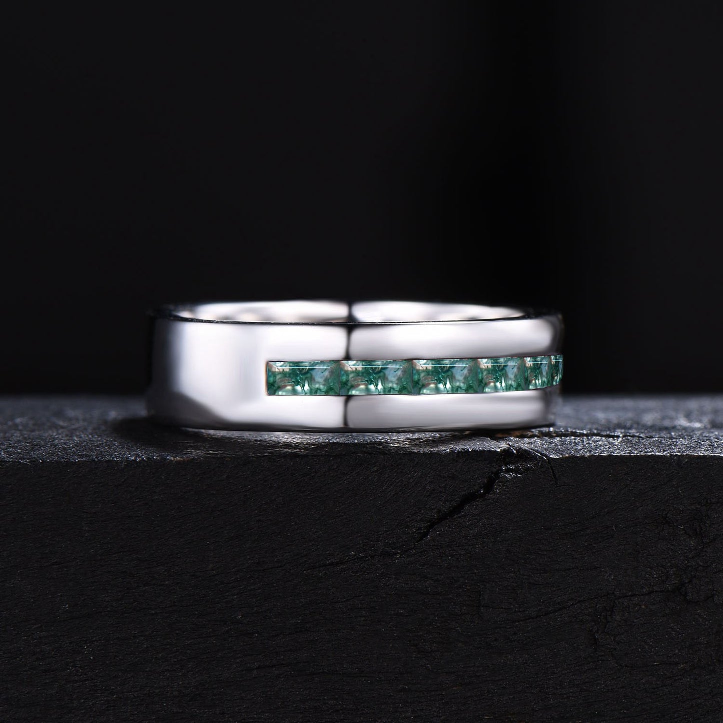 6mm Vintage Baguette Cut Moss Agate Wedding Band Mens Natural Aquatic Agate Wedding Ring 6mm Half Eternity Matching Anniversary Gift