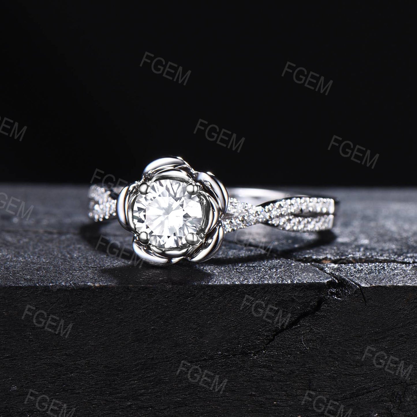 Moissanite Diamond Rose Flower Engagement Ring 14K White Gold Infinity Twist Wedding Ring Half Eternity Promise Anniversary Ring Platinum