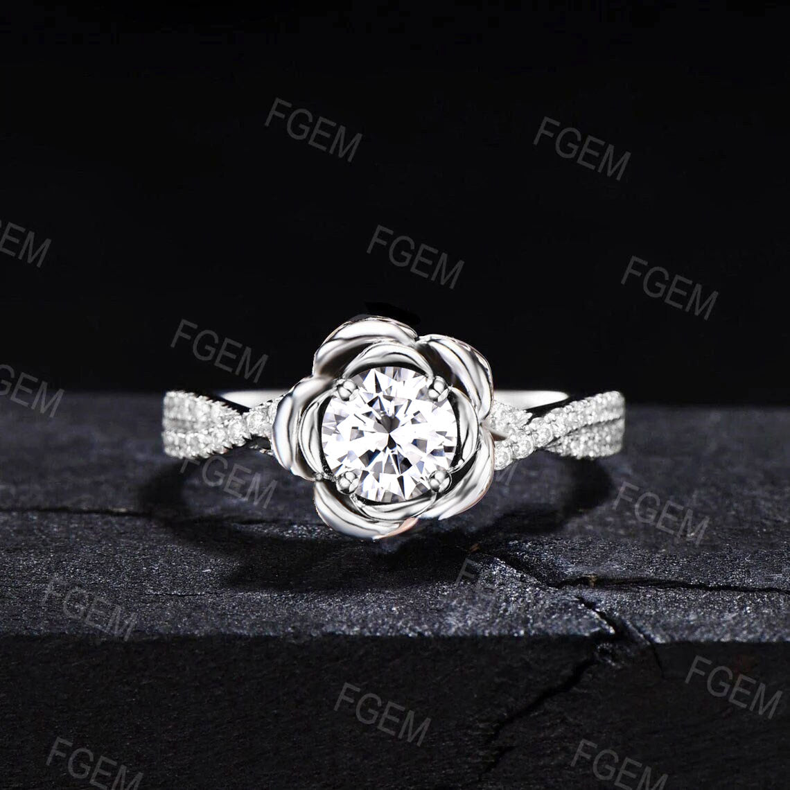 Moissanite Diamond Rose Flower Engagement Ring 14K White Gold Infinity Twist Wedding Ring Half Eternity Promise Anniversary Ring Platinum