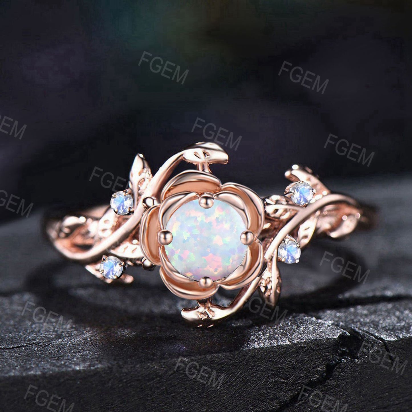 Gold Floral Engagement Ring 5mm Round Cut White Opal Twist Wedding Ring Nature Inspired Leaf Opal Jewelry Rose Flower Moonstone Promise Ring