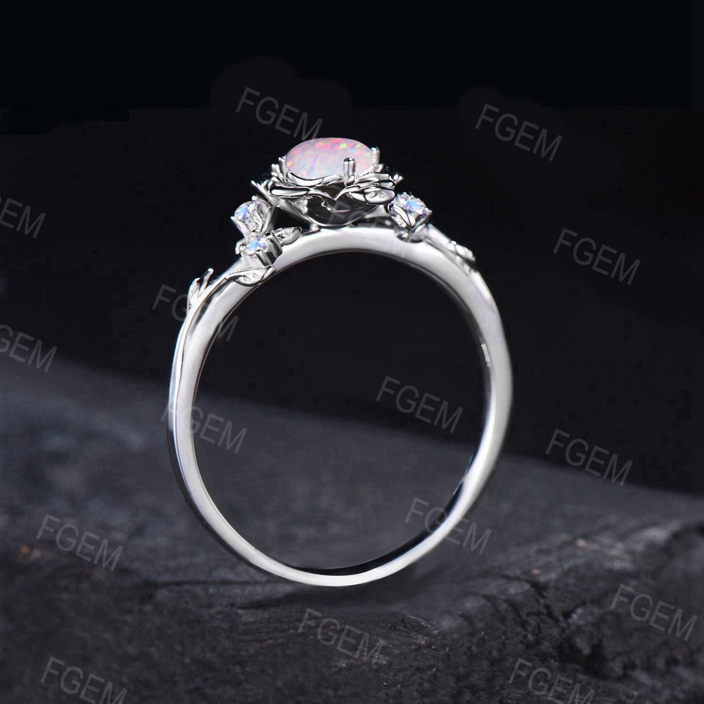 Gold Floral Engagement Ring 5mm Round Cut White Opal Twist Wedding Ring Nature Inspired Leaf Opal Jewelry Rose Flower Moonstone Promise Ring