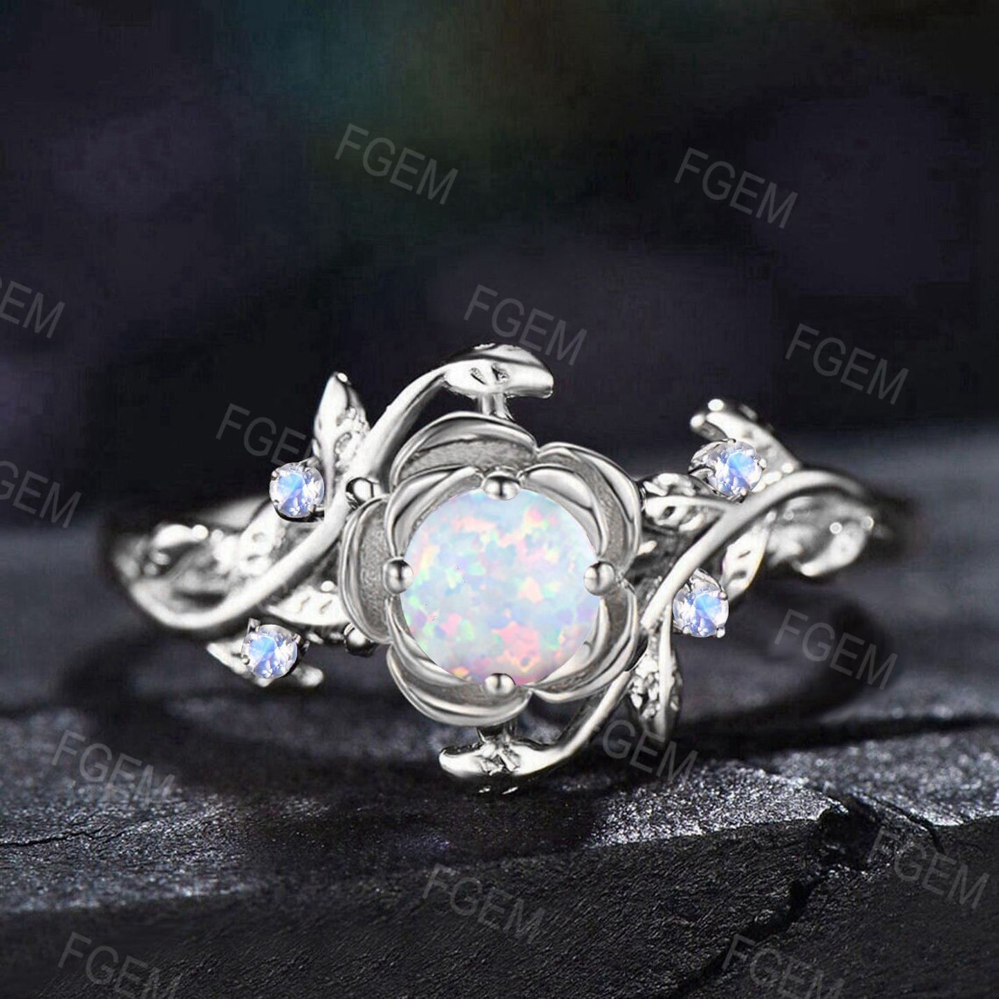 Gold Floral Engagement Ring 5mm Round Cut White Opal Twist Wedding Ring Nature Inspired Leaf Opal Jewelry Rose Flower Moonstone Promise Ring