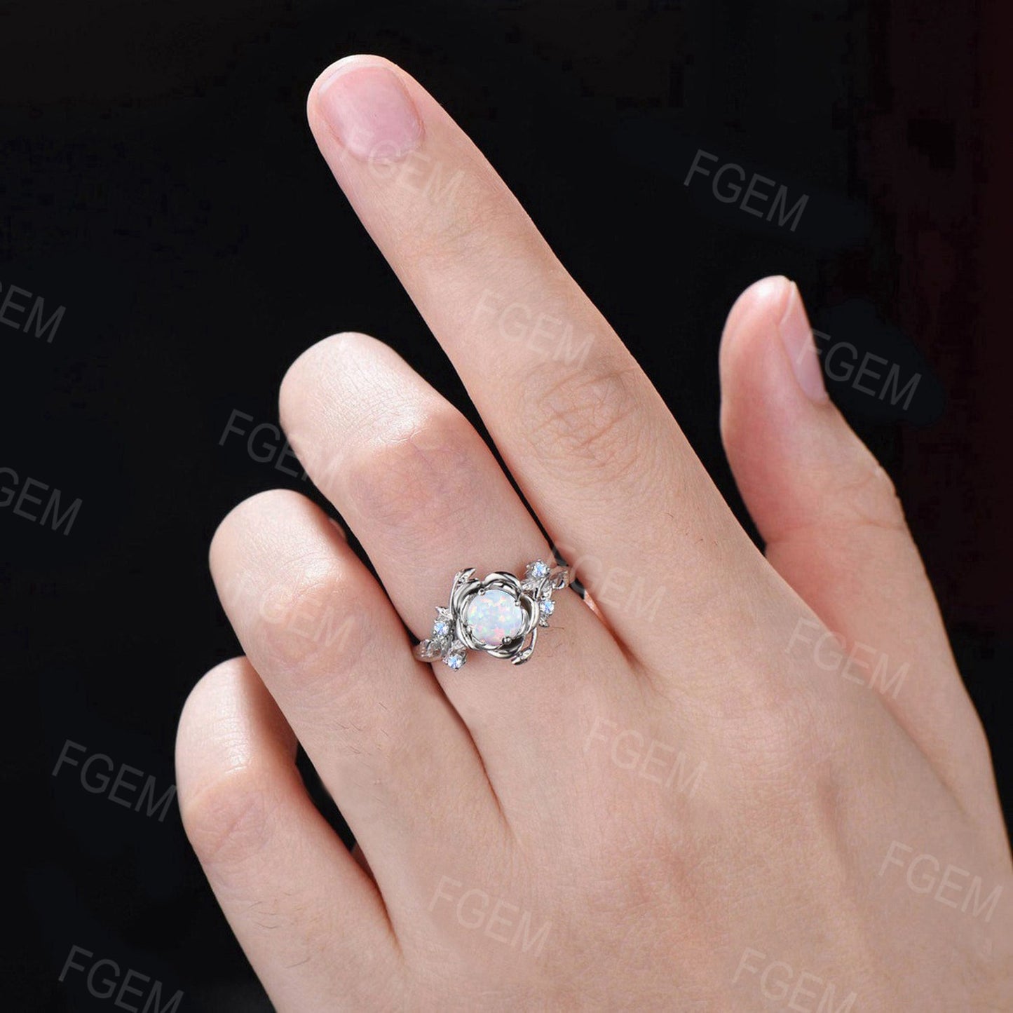 Gold Floral Engagement Ring 5mm Round Cut White Opal Twist Wedding Ring Nature Inspired Leaf Opal Jewelry Rose Flower Moonstone Promise Ring
