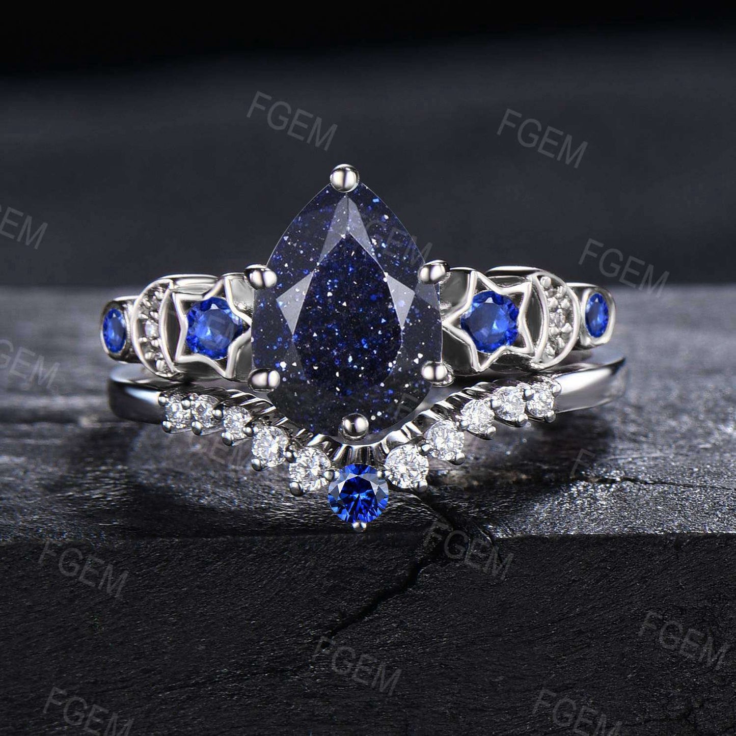 Sterling Silver Galaxy Sandstone Ring Set Moon Star Engagement Ring Vintage Blue Goldstone Sapphire Bridal Ring Set Nebula Ring Promise Gift