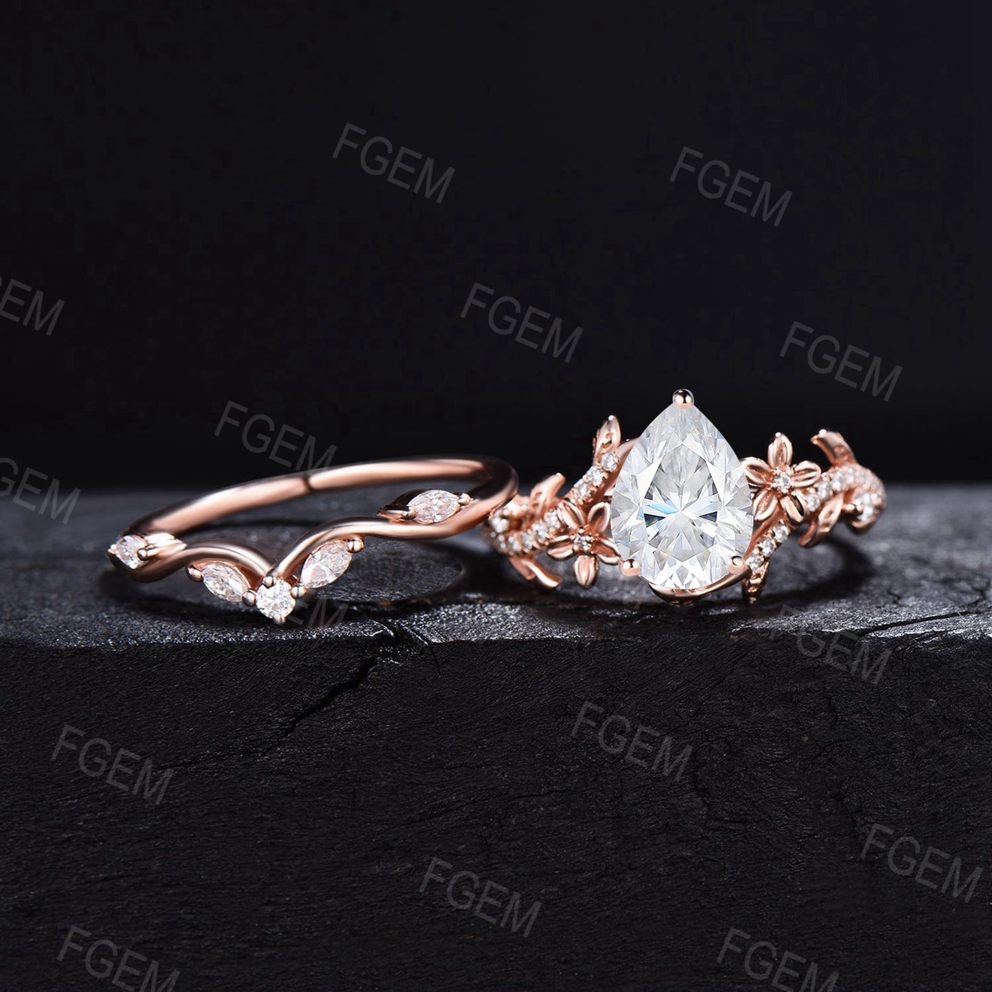 Rose Gold Flower Engagement Ring Dainty Twig Teardrop Moissanite Engagement Ring Set 14k Gold Leaf Vine Ring Unique Cluster Moissanite Ring
