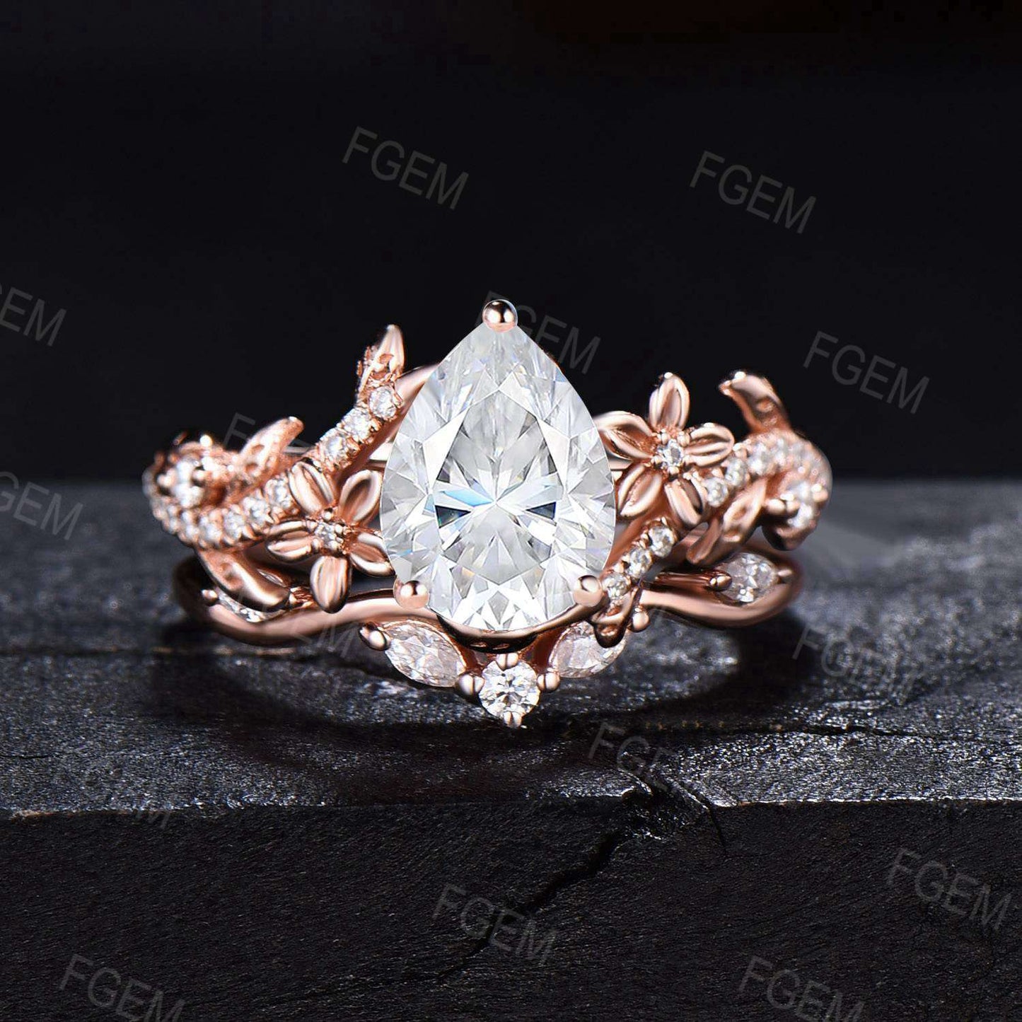 Rose Gold Flower Engagement Ring Dainty Twig Teardrop Moissanite Engagement Ring Set 14k Gold Leaf Vine Ring Unique Cluster Moissanite Ring