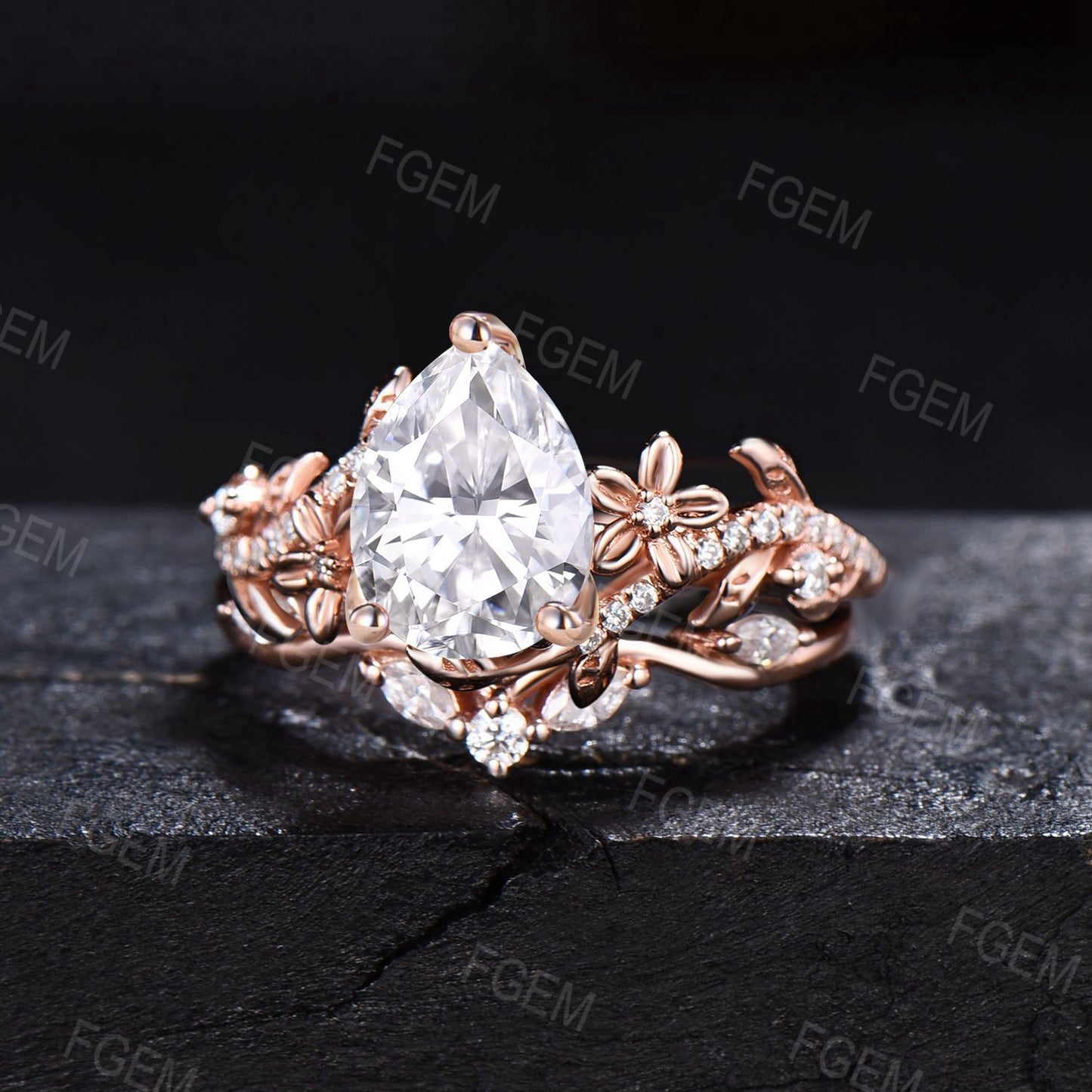 Rose Gold Flower Engagement Ring Dainty Twig Teardrop Moissanite Engagement Ring Set 14k Gold Leaf Vine Ring Unique Cluster Moissanite Ring