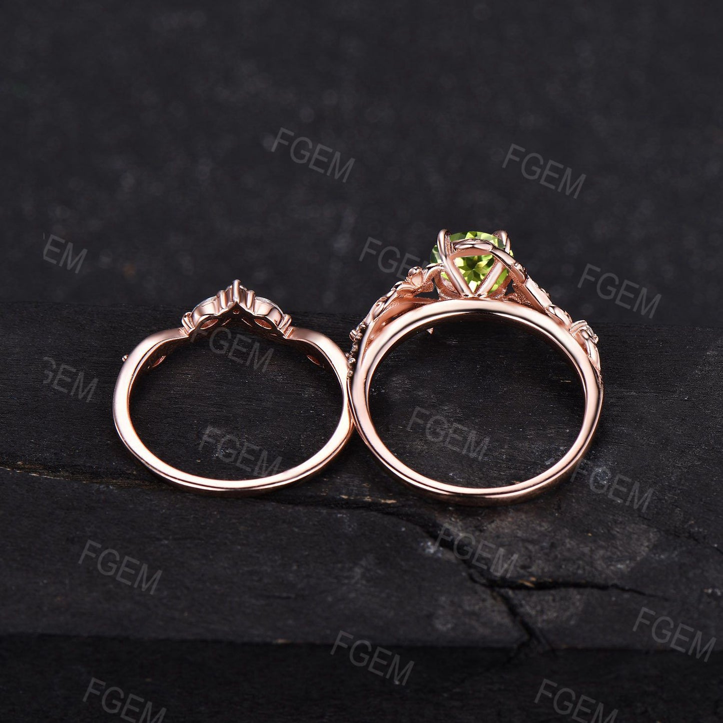 1CT Round Peridot Engagement Ring Set Nature Inspired Flower Green Emerald Bridal Ring Set Art Deco 14K Rose Gold Leaf Ring Anniversary Gift