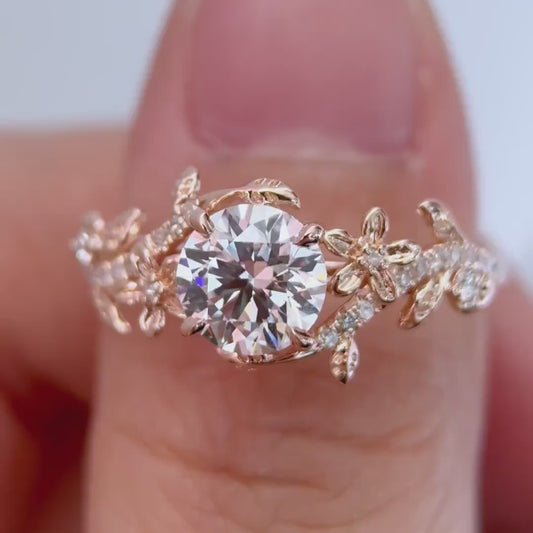 Garden Inspired Round Moissanite Engagement Ring Set 1ct Rose Gold Entangled Vines Bridal Set Floral Wedding Ring Promise Gifts For fiancee