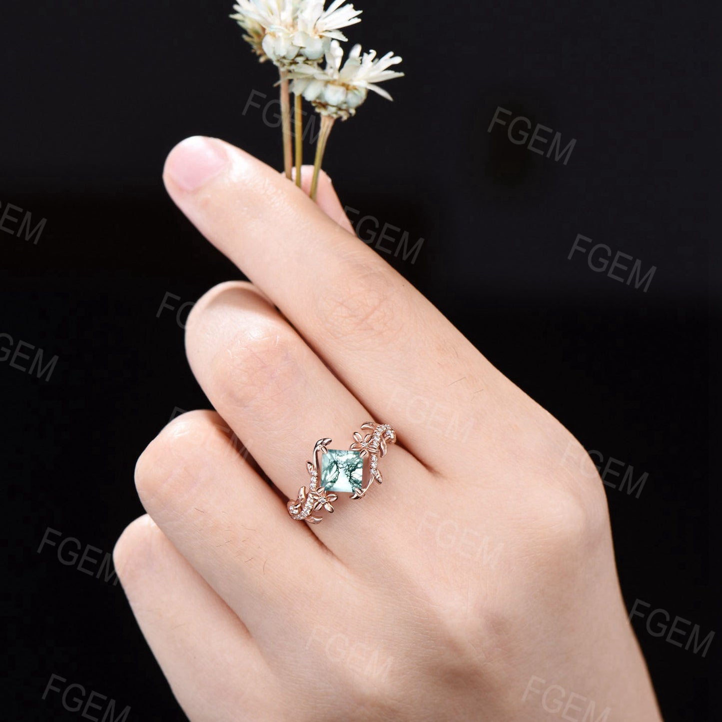 Unique Bypass Natural Moss Agate Ring Princess Cut Green Moss Engagement Ring Flower and Leaf Moissanite Wedding Ring Dainty Proposal Gifts