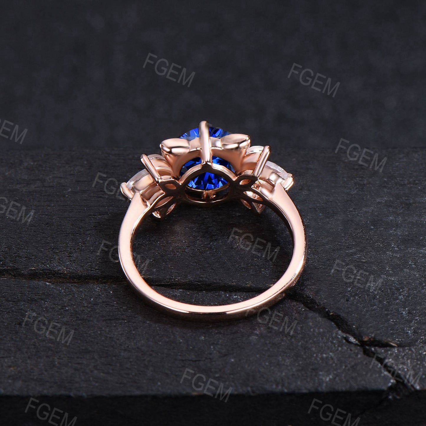 Kitten Round Blue Sapphire Engagement Ring Rose Gold Cat Wedding Ring Moonstone Sapphire Cluster Ring September Birthstone Cat Lover Gifts