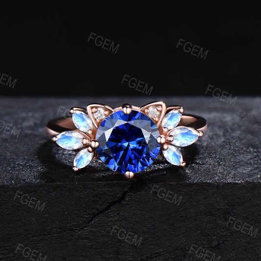 Kitten Round Blue Sapphire Engagement Ring Rose Gold Cat Wedding Ring Moonstone Sapphire Cluster Ring September Birthstone Cat Lover Gifts