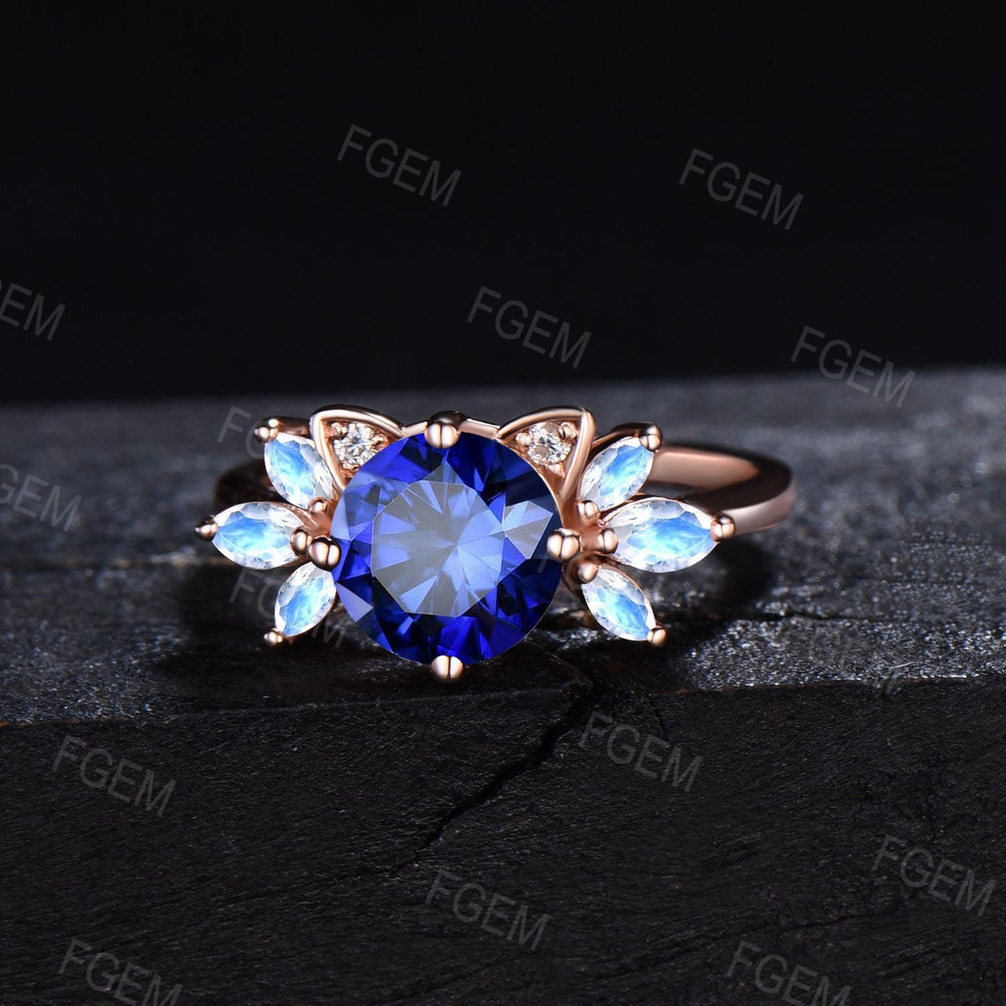 Kitten Round Blue Sapphire Engagement Ring Rose Gold Cat Wedding Ring Moonstone Sapphire Cluster Ring September Birthstone Cat Lover Gifts