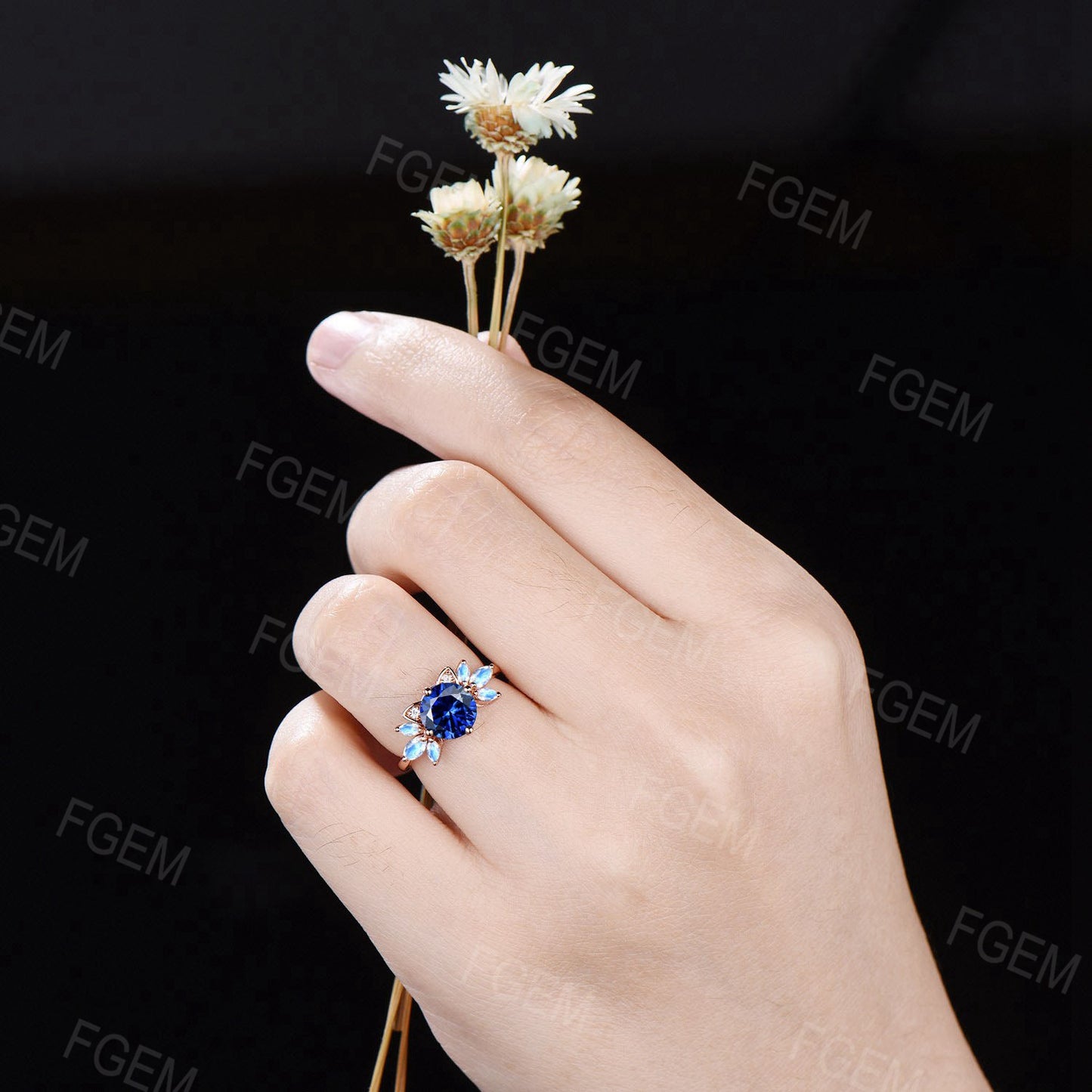 Kitten Round Blue Sapphire Engagement Ring Rose Gold Cat Wedding Ring Moonstone Sapphire Cluster Ring September Birthstone Cat Lover Gifts