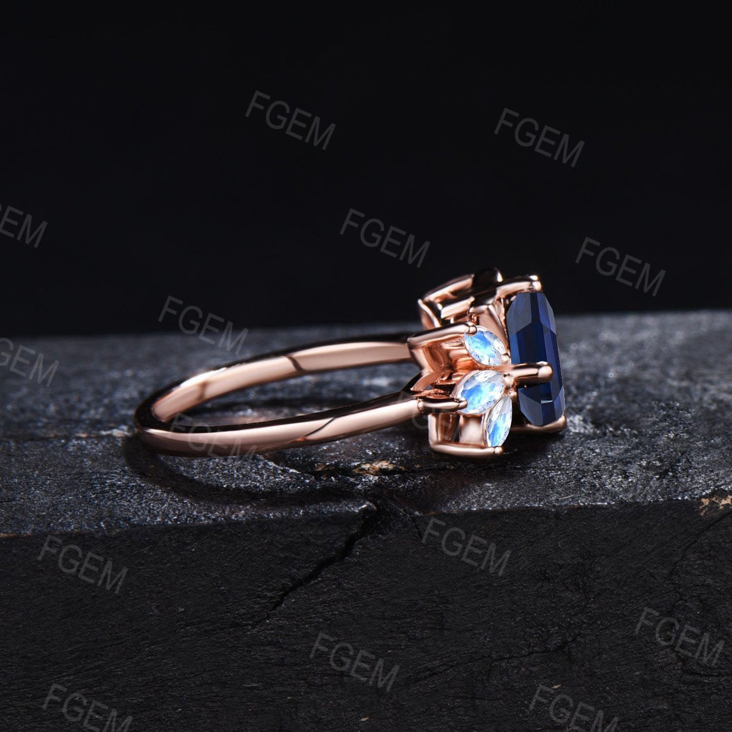 Kitten Round Blue Sapphire Engagement Ring Rose Gold Cat Wedding Ring Moonstone Sapphire Cluster Ring September Birthstone Cat Lover Gifts