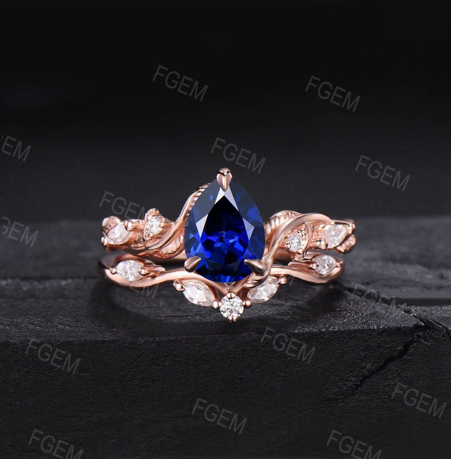 1.25ct Nature Inspired Blue Sapphire Diamond Engagement Ring Set Twist Band Moissanite Wedding Ring Leaf Vine Branch Blue Sapphire Bridal Set