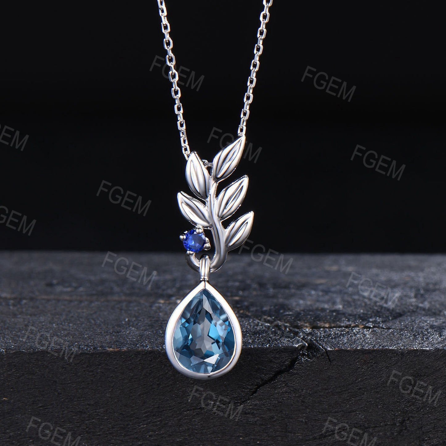 Sterling Silver Olive Leaf Charm Necklace Nature Inspired Pear London Blue Topaz Necklace Branch Leaf Pendant December Birthstone Necklace