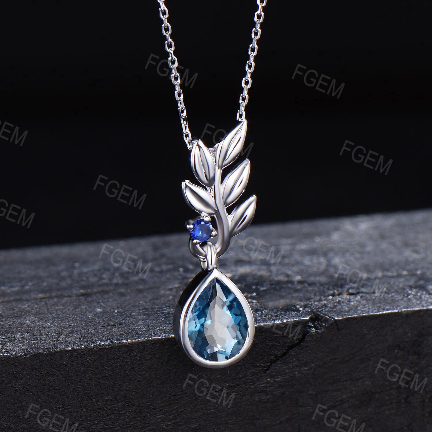 Sterling Silver Olive Leaf Charm Necklace Nature Inspired Pear London Blue Topaz Necklace Branch Leaf Pendant December Birthstone Necklace