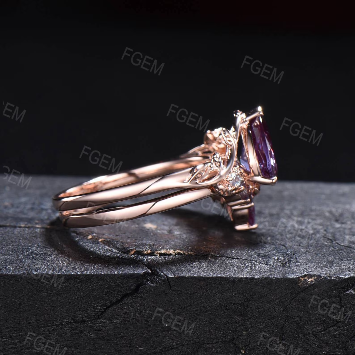 1.25ct Teardrop Alexandrite Ring Set Nature Inspired Alexandrite Engagement Ring Leaf Vine Branch Wedding Ring Set Unique Anniversary Gifts