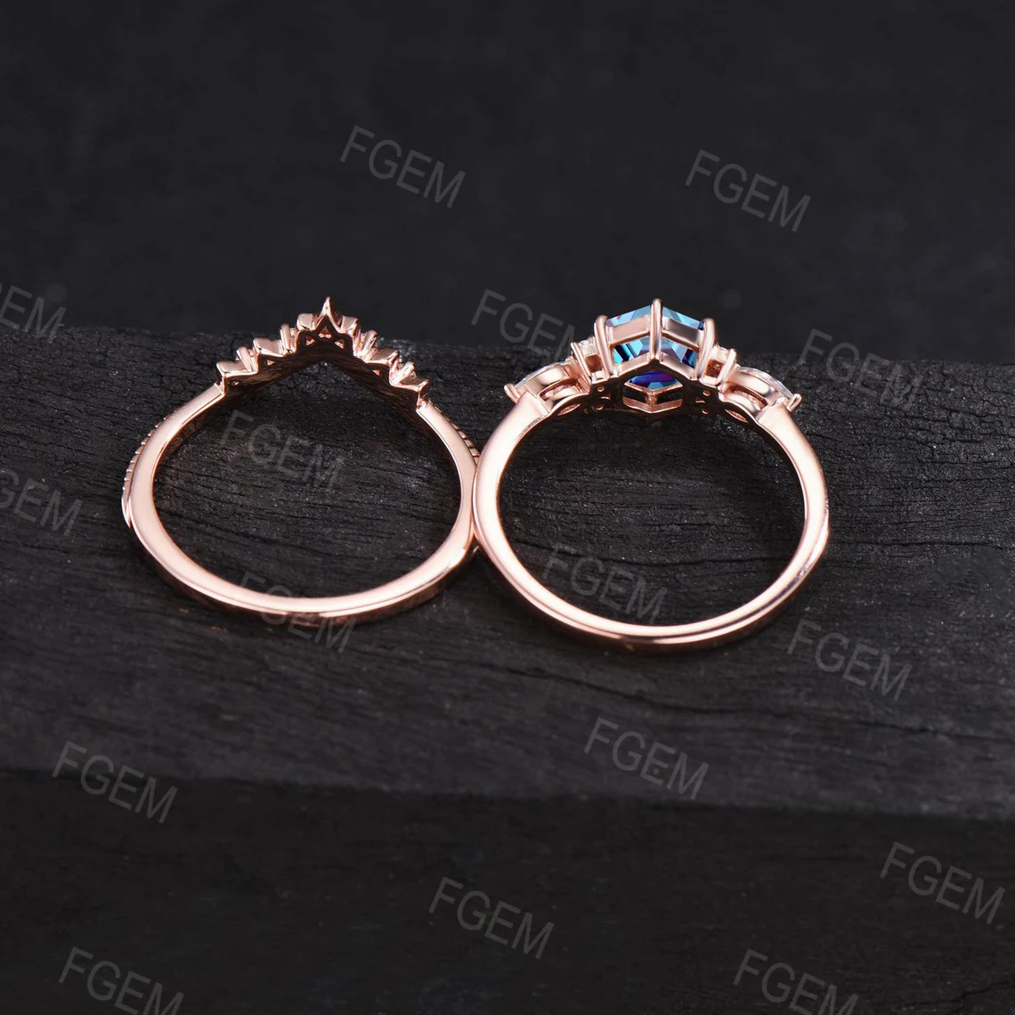 1CT Alexandrite Ring Set Unique Hexagon Wedding Ring Vintage Curve CZ Diamond Wedding Band Alexandrite Bridal Set Anniversary/Birthday Gift