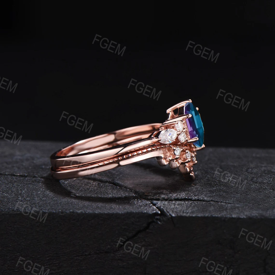 1CT Alexandrite Ring Set Unique Hexagon Wedding Ring Vintage Curve CZ Diamond Wedding Band Alexandrite Bridal Set Anniversary/Birthday Gift