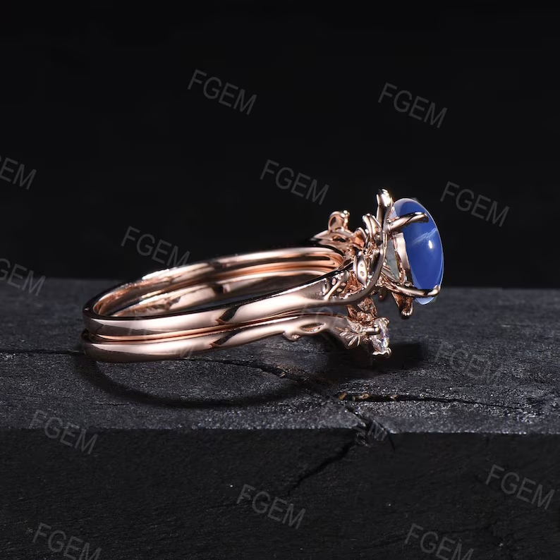 1.5ct Oval Cut Nature Inspired Blue Star Sapphire Engagement Ring Set Branch Leaf Alexandrite Wedding Ring Set Unique Handmade Proposal Gift