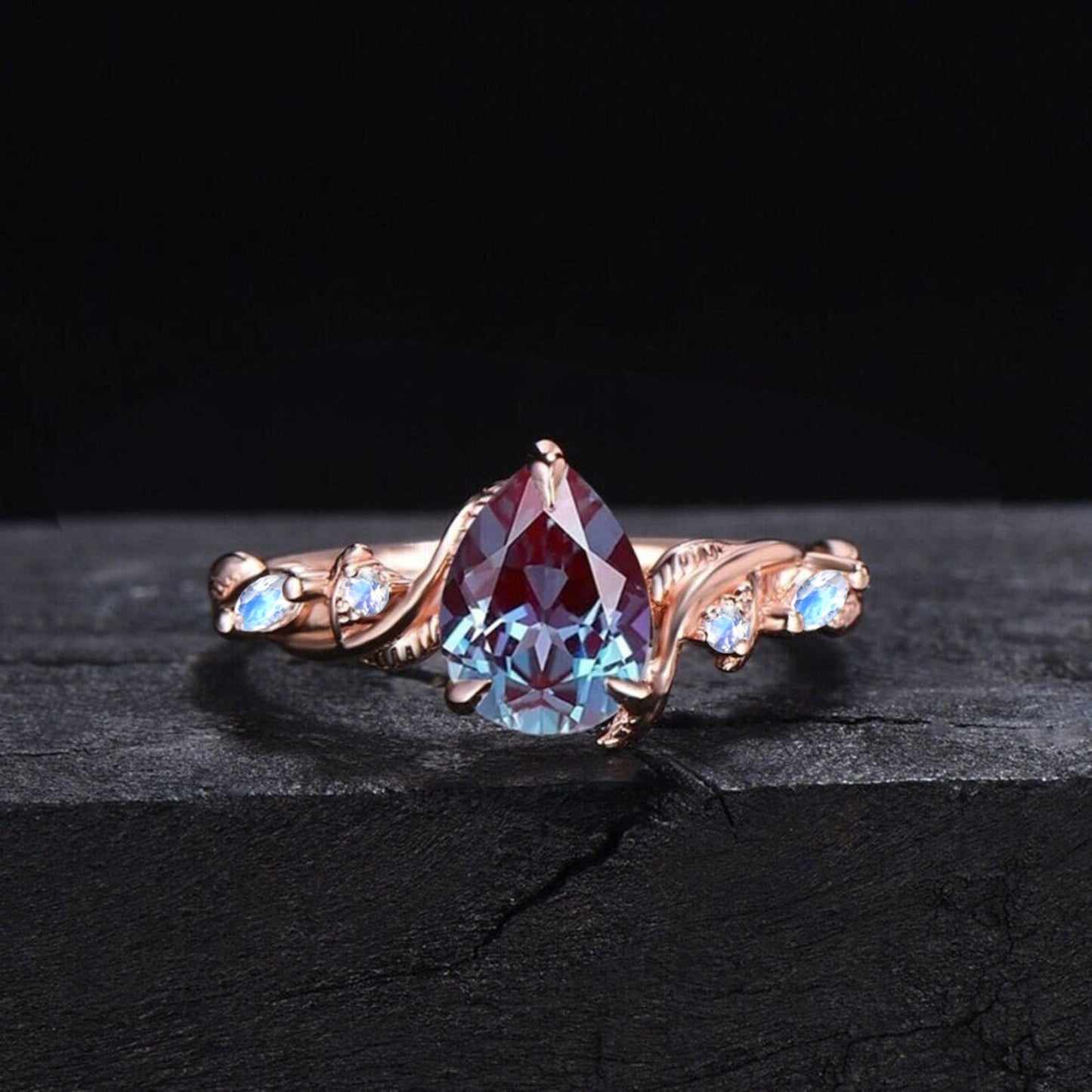 Nature Inspired Alexandrite Moonstone Bridal Set 1.25ct Pear Cut Color-Change Alexandrite Engagement Ring Twist Vine Moonstone Proposal Ring