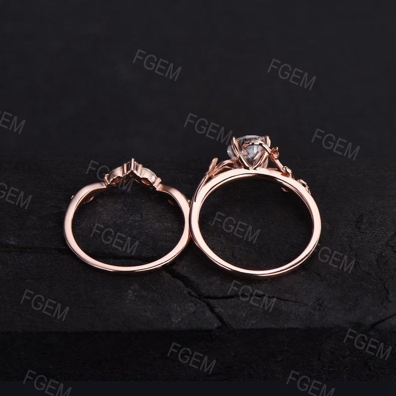 Nature Inspired Moissanite Engagement Ring Set 1ct 6.5mm Round Cut Moissanite Diamond Wedding Ring Set Leaf Vine Ring Branch Bridal Set Gift