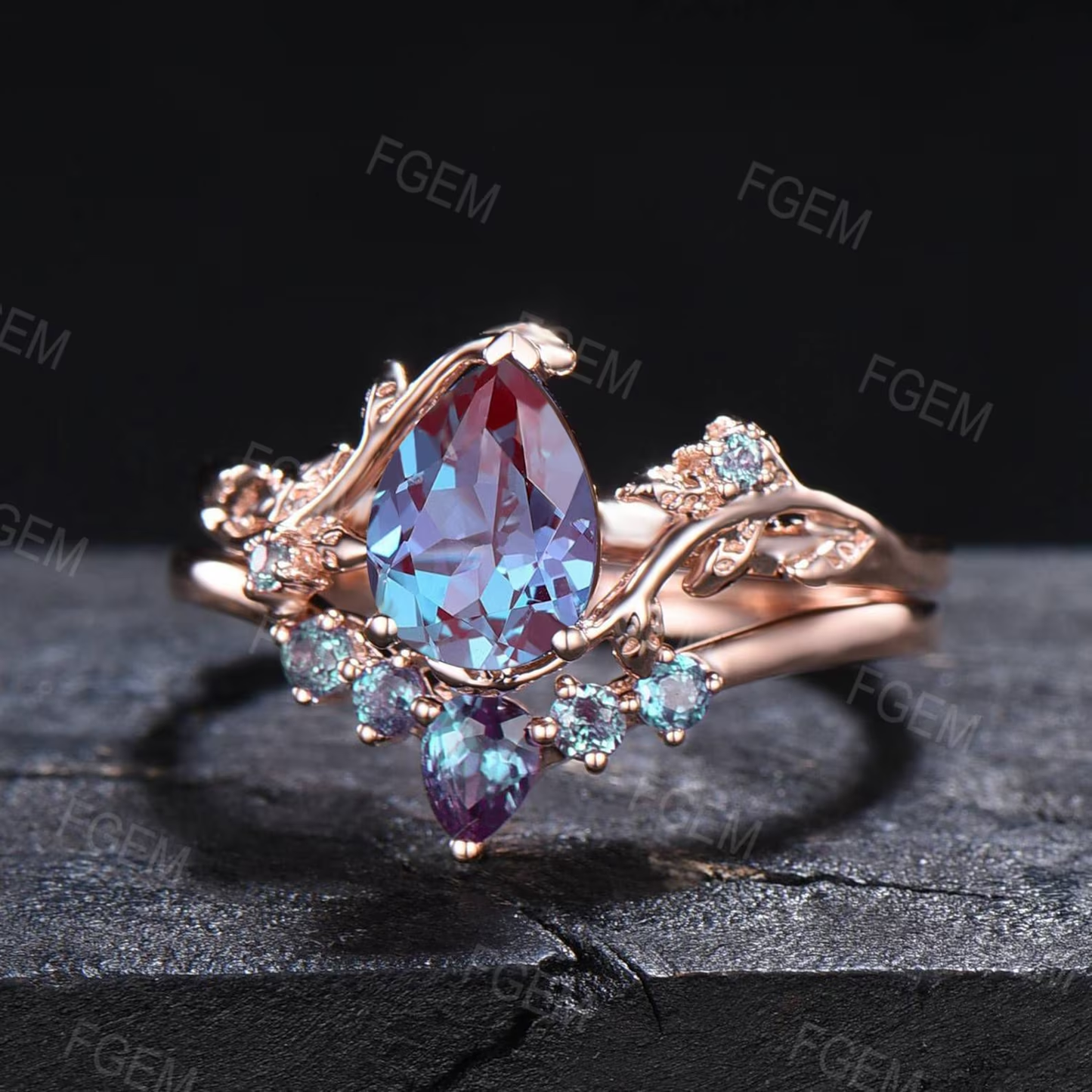1.25ct Teardrop Alexandrite Ring Set Nature Inspired Alexandrite Engagement Ring Leaf Vine Branch Wedding Ring Set Unique Anniversary Gifts