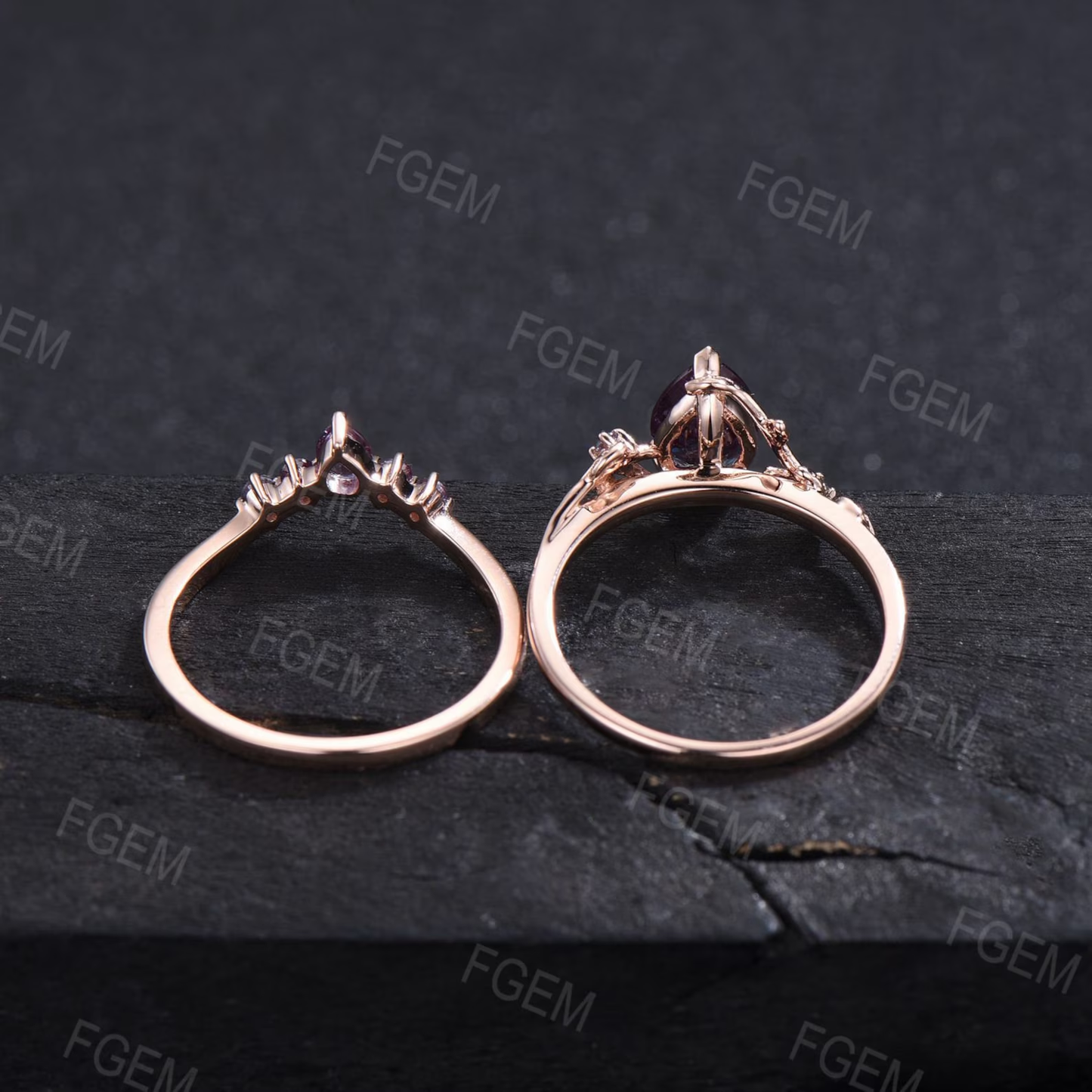 1.25ct Teardrop Alexandrite Ring Set Nature Inspired Alexandrite Engagement Ring Leaf Vine Branch Wedding Ring Set Unique Anniversary Gifts