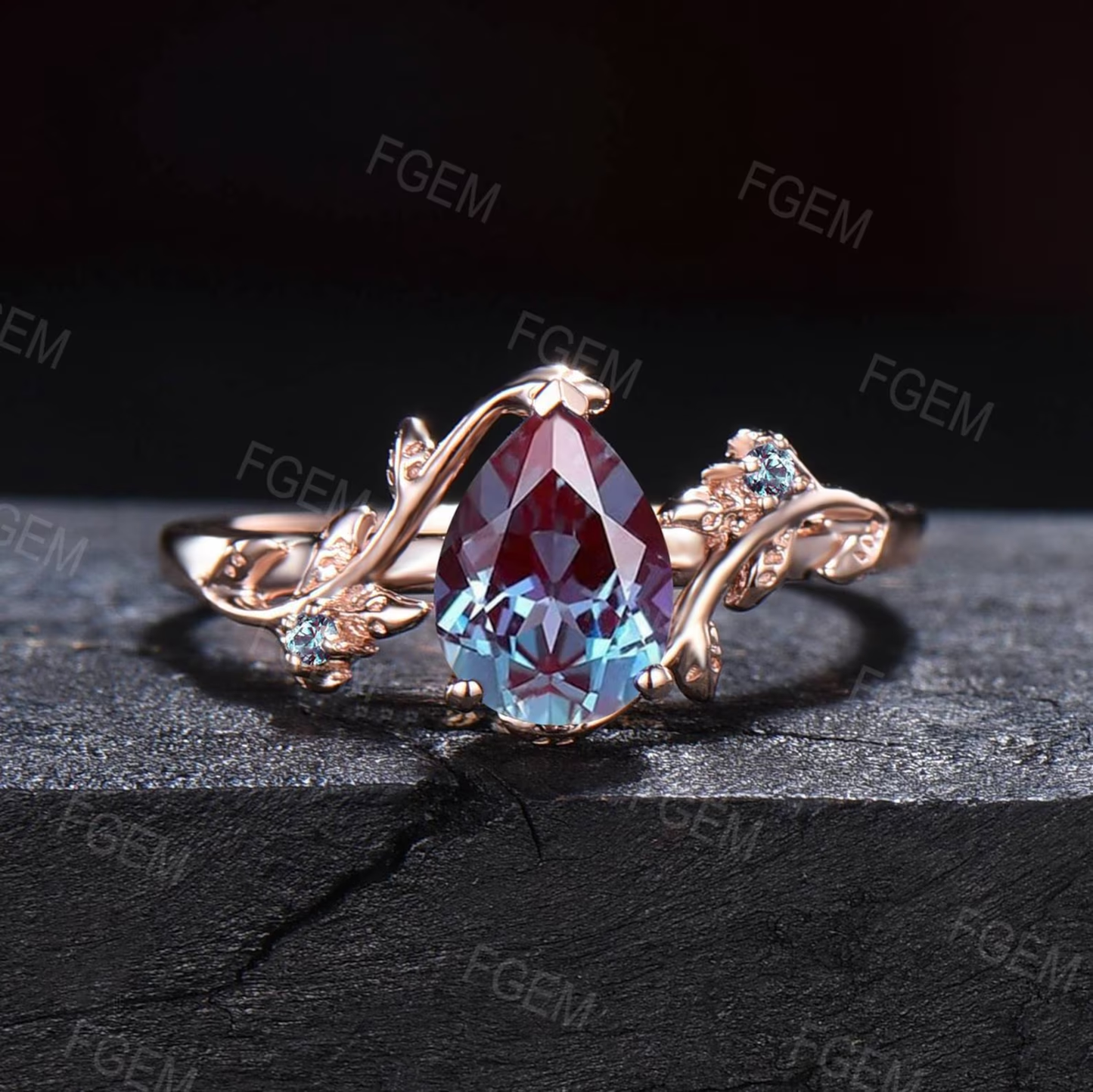 1.25ct Teardrop Alexandrite Ring Set Nature Inspired Alexandrite Engagement Ring Leaf Vine Branch Wedding Ring Set Unique Anniversary Gifts