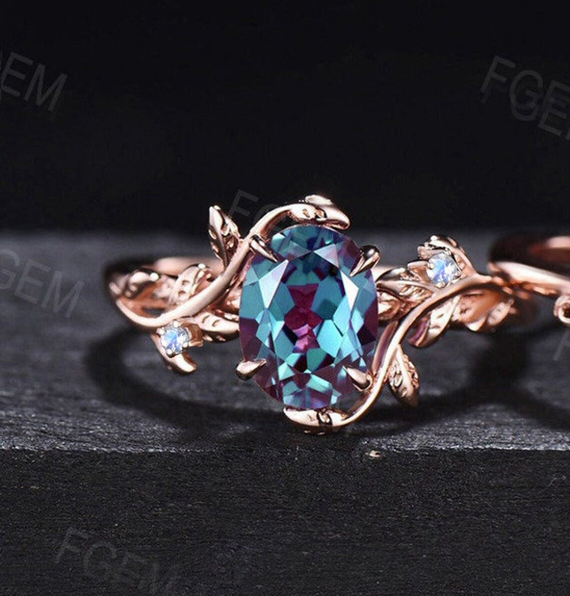 1.5ct Oval Alexandrite Moonstone Bridal Ring Set Branch Leaf Vine Color-Change Alexandrite Engagement Ring Unique Wedding Anniversary Gifts