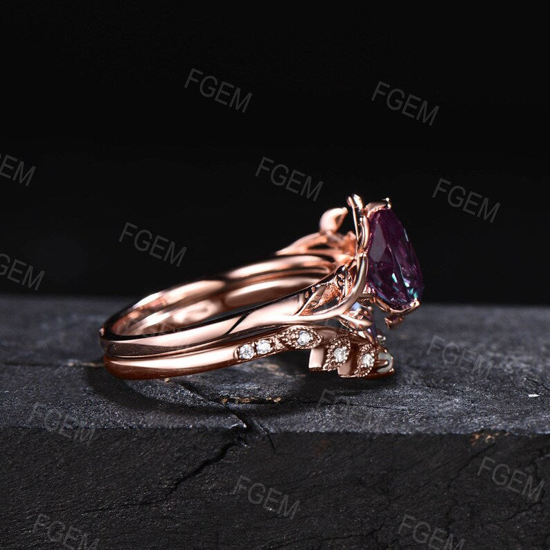 1.25ct Pear Shaped Alexandrite Leaf Engagement Rings Set 10K/14K/18K Rose Gold Nature Inspired Solitaire Rings Sets Leaves Opal Wedding Band