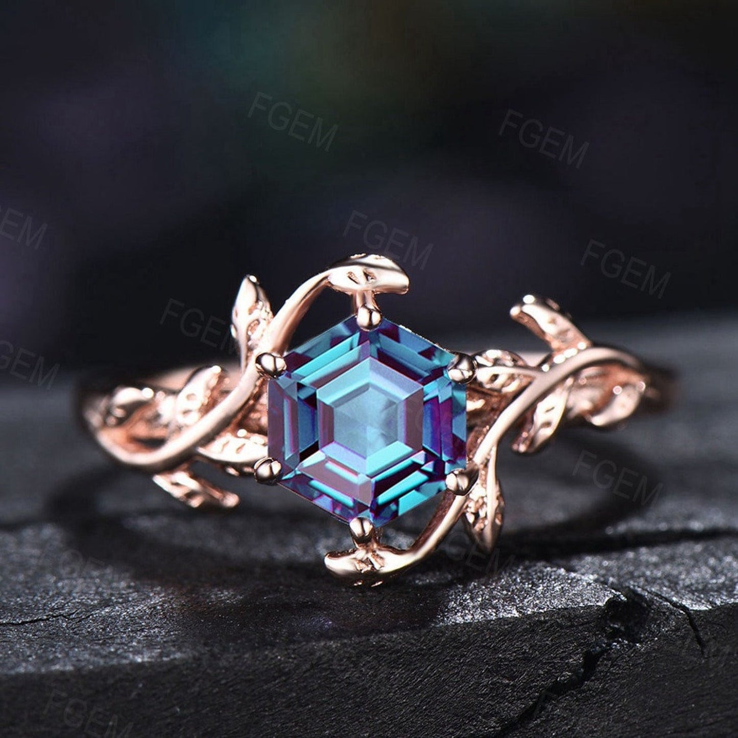 Nature Inspired Alexandrite Solitaire Ring Set 1ct Hexagon Color-Change Alexandrite Engagement Rings Leaf Vine Celtic Knot Bridal Ring Set