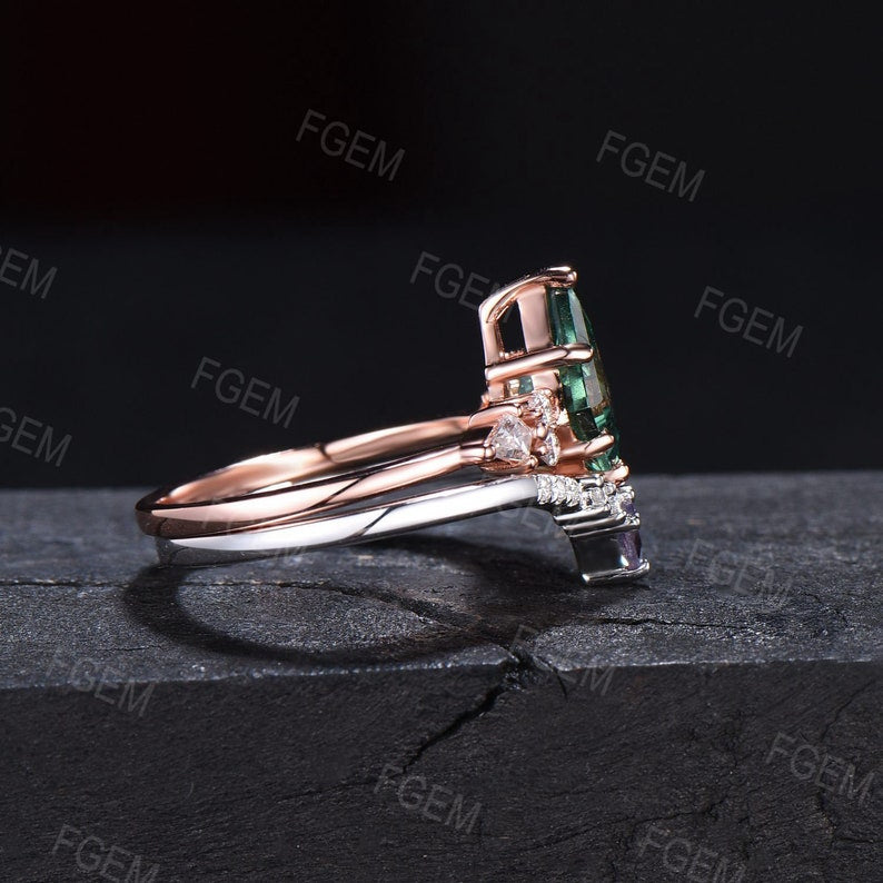 Unique Alexandrite Ring Set Rose Gold Vintage 1.25ct Pear Alexandrite Moissanite Ring Set Curve Wedding Band Personalized Anniversary Gifts