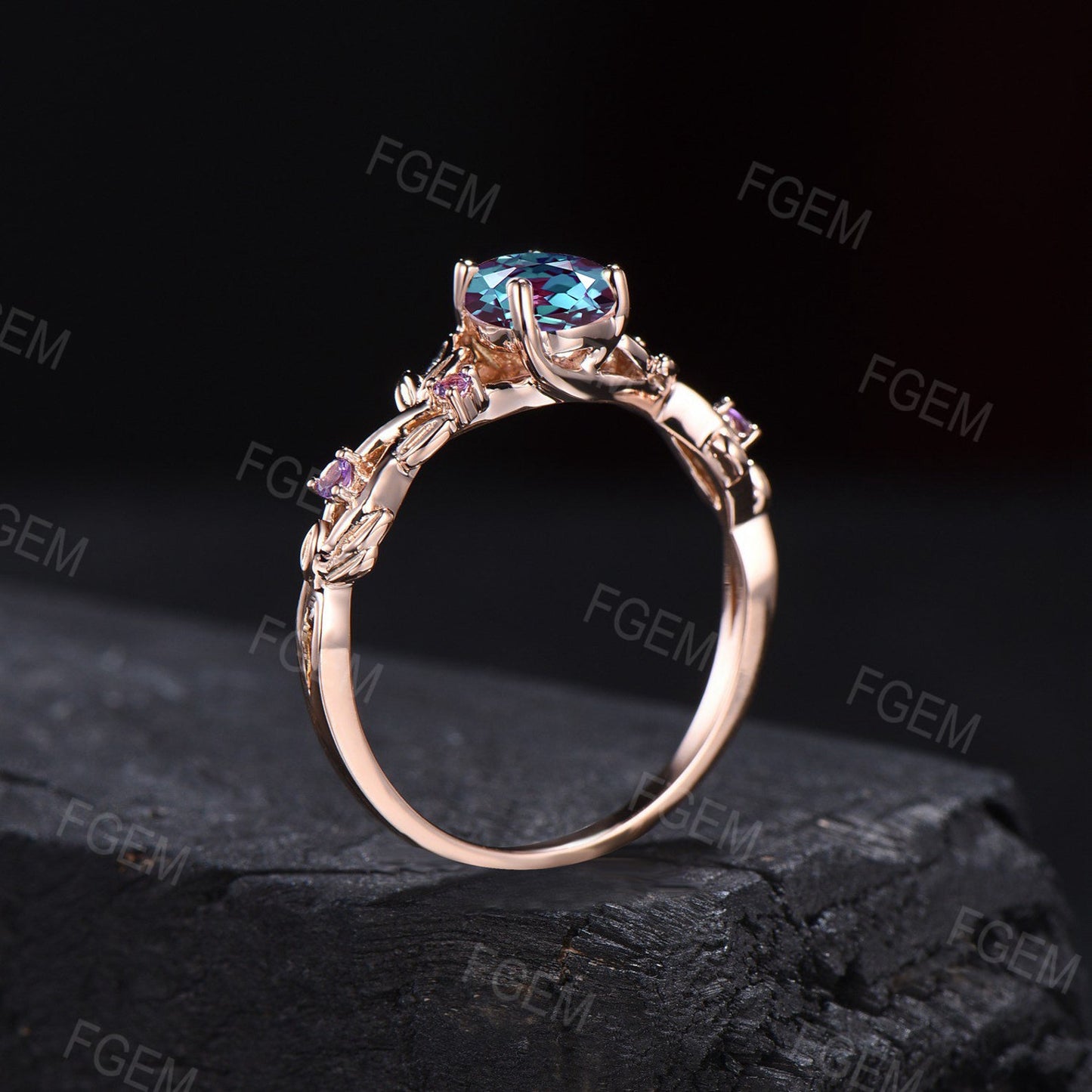 Nature Inspired Alexandrite Leaf Twist Engagement Ring 1.25ct Pear Color-Change Alexandrite Ring Cluster Purple Amethyst Twig Wedding Ring