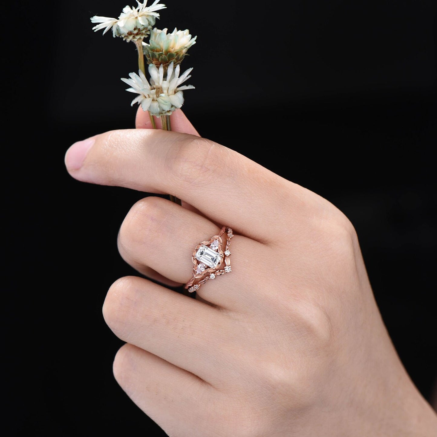 Nature Inspired Twig Moissanite Engagement Ring Set Emerald Cut Moissanite Diamond Three Stone Wedding Ring Leaf Vine Ring Branch Bridal Set