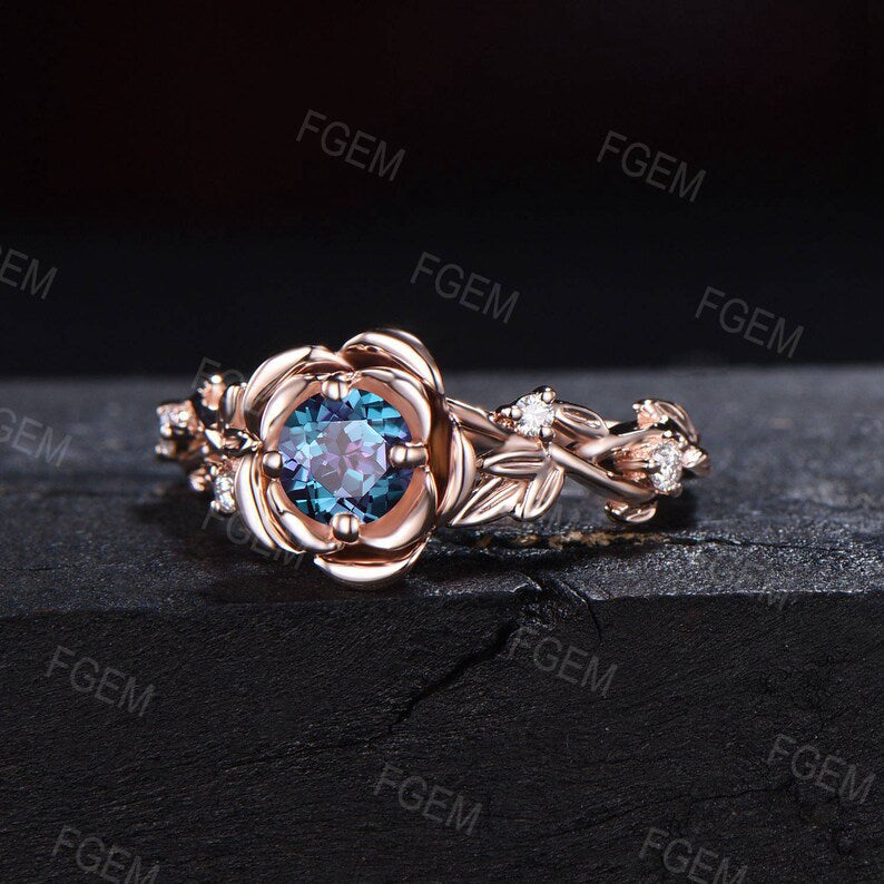 Rose Flower Alexandrite Ring 5mm Round Color-Change Alexandrite Engagement Rings Leaf Floral Nature Moissanite Ring Unique Anniversary Gift