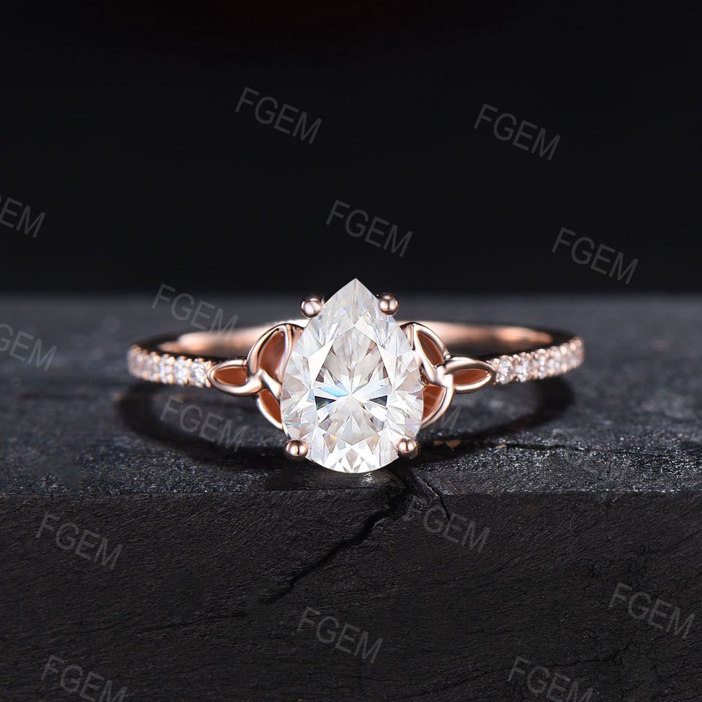 1.25ct Pear Cut Moissanite Celtic Engagement Ring Set Half Eternity Band Moissanite Diamond Trinity Knot Wedding Ring Leaf Moissanite Bridal Set