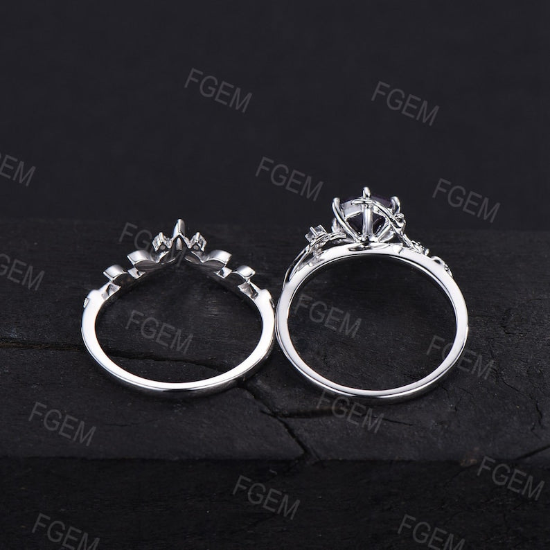 Nature Alexandrite Wedding Ring Set 10K/14K/18K Rose Gold Unique 1ct Hexagon Alexandrite Leaf Ring Set Celtic Knot Bridal Set Promise Ring