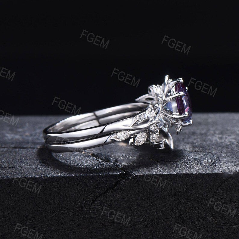 Nature Alexandrite Wedding Ring Set 10K/14K/18K Rose Gold Unique 1ct Hexagon Alexandrite Leaf Ring Set Celtic Knot Bridal Set Promise Ring