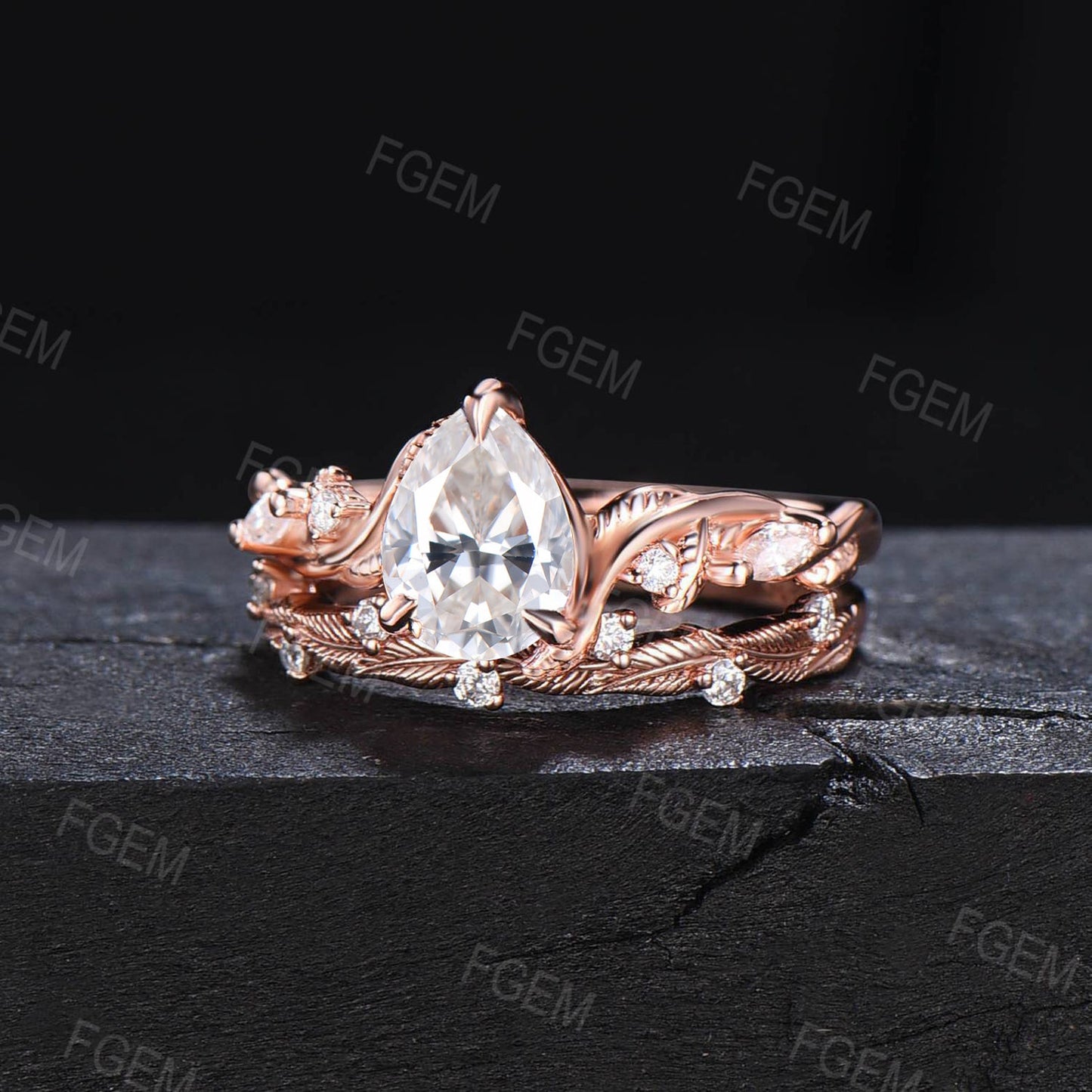 Nature Inspired Moissanite Engagement Ring Set Twist Band 1.25ct Pear Moissanite Diamond Wedding Ring Set Twig Vine Ring Branch Bridal Set