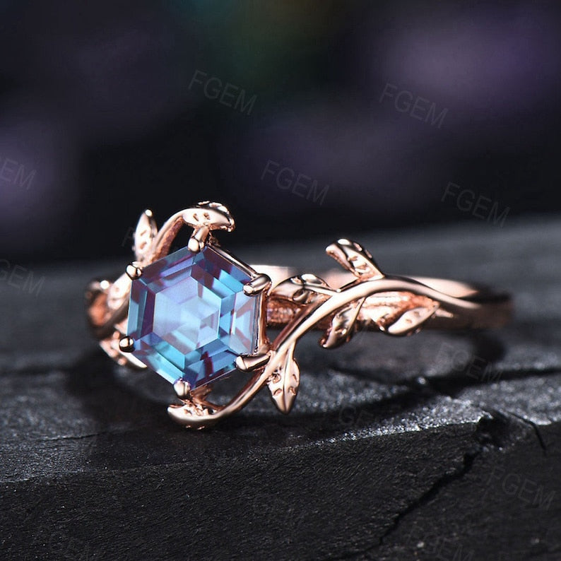 Hexagon Alexandrite Ring Vintage Sterling Silver Leaf Solitaire Ring Color Change Stone Ring Anniversary Gift Women June Birthstone Ring